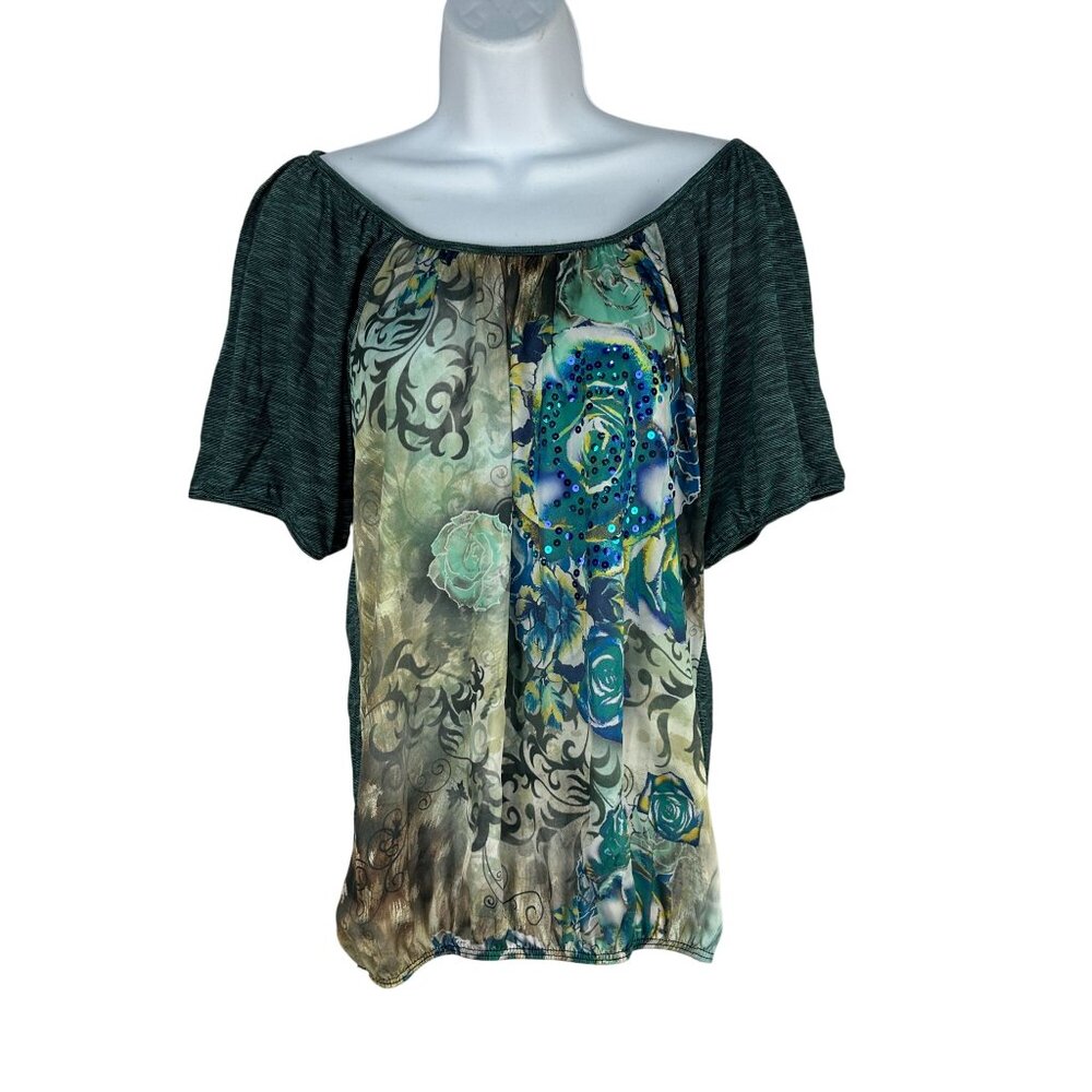 Love Life Live Womens Floral Boho Top Size S Green Blue Lightweight USA Made